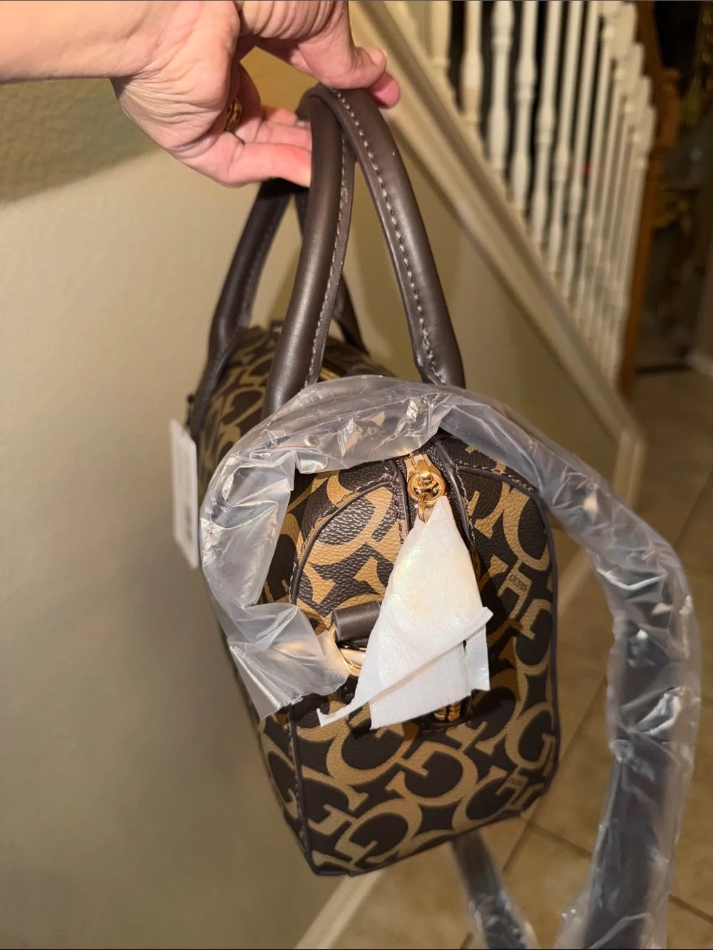 NWT GUESS Brown Logo-Print Satchel with Dark Brown Trim